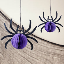 Load image into Gallery viewer, Primitives by Kathy Glitter Spiders Honeycomb Paper Decorations