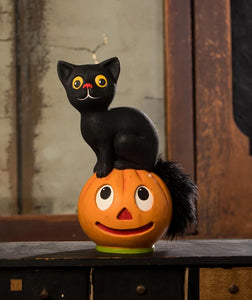 New! Bethany Lowe Vintage Style Halloween Seated Cat on Pumpkin