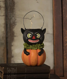 New! Bethany Lowe Vintage Style Halloween Cat in Pumpkin Bucket
