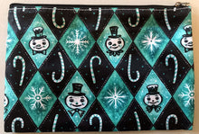 Load image into Gallery viewer, Johanna Parker Spookmas Teal Snowman &amp; Candy Canes Pouch
