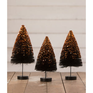 Black Bottle Brush Trees with Orange Glitter